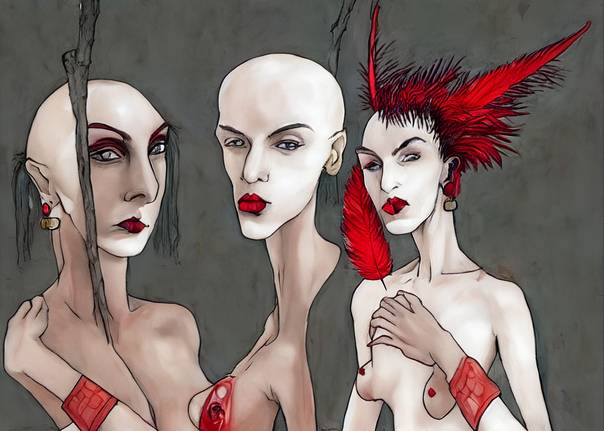 Stylized pale figures with red accents exude avant-garde vibe