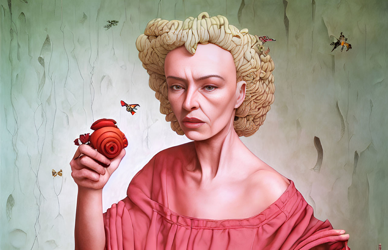 Stylized portrait of woman with elaborate hairstyle and rose on vintage wallpaper.