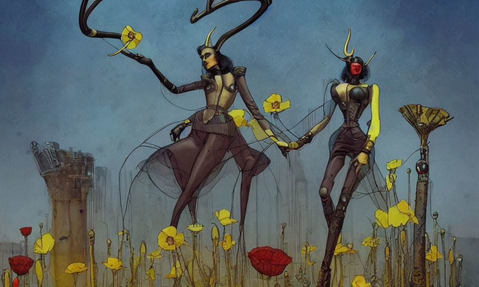 Stylized characters with horns holding hands in yellow flower field