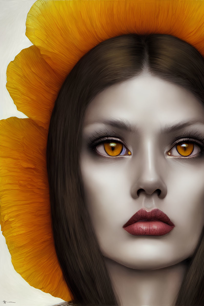 Digital painting of woman with yellow eyes, framed by flower-like petals, cascading brown hair