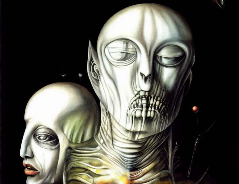 Surreal artwork of two humanoid figures with elongated skulls and closed eyes