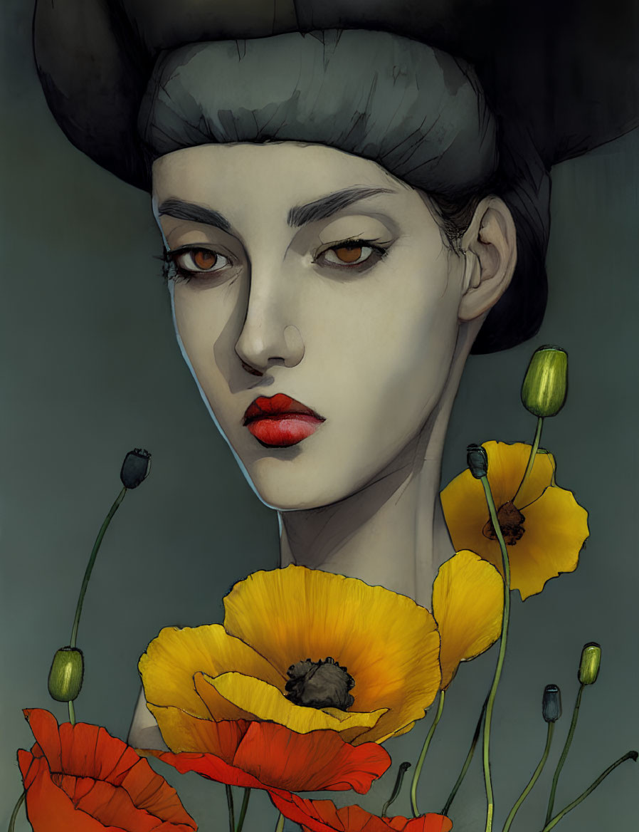 Woman in hat with neutral expression surrounded by vibrant poppies on grey background