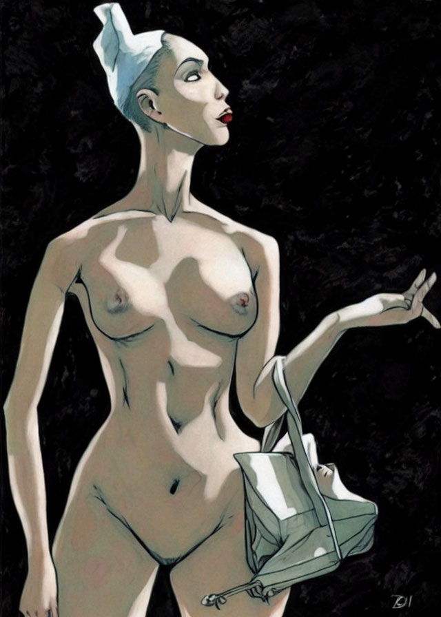 Stylized nude female figure with nurse's cap and syringe illustration