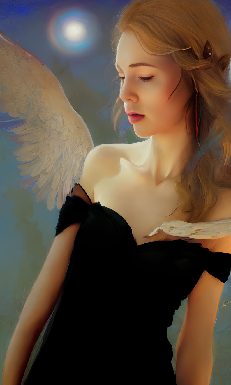 Serene woman with angelic wings in black dress under moonlit sky