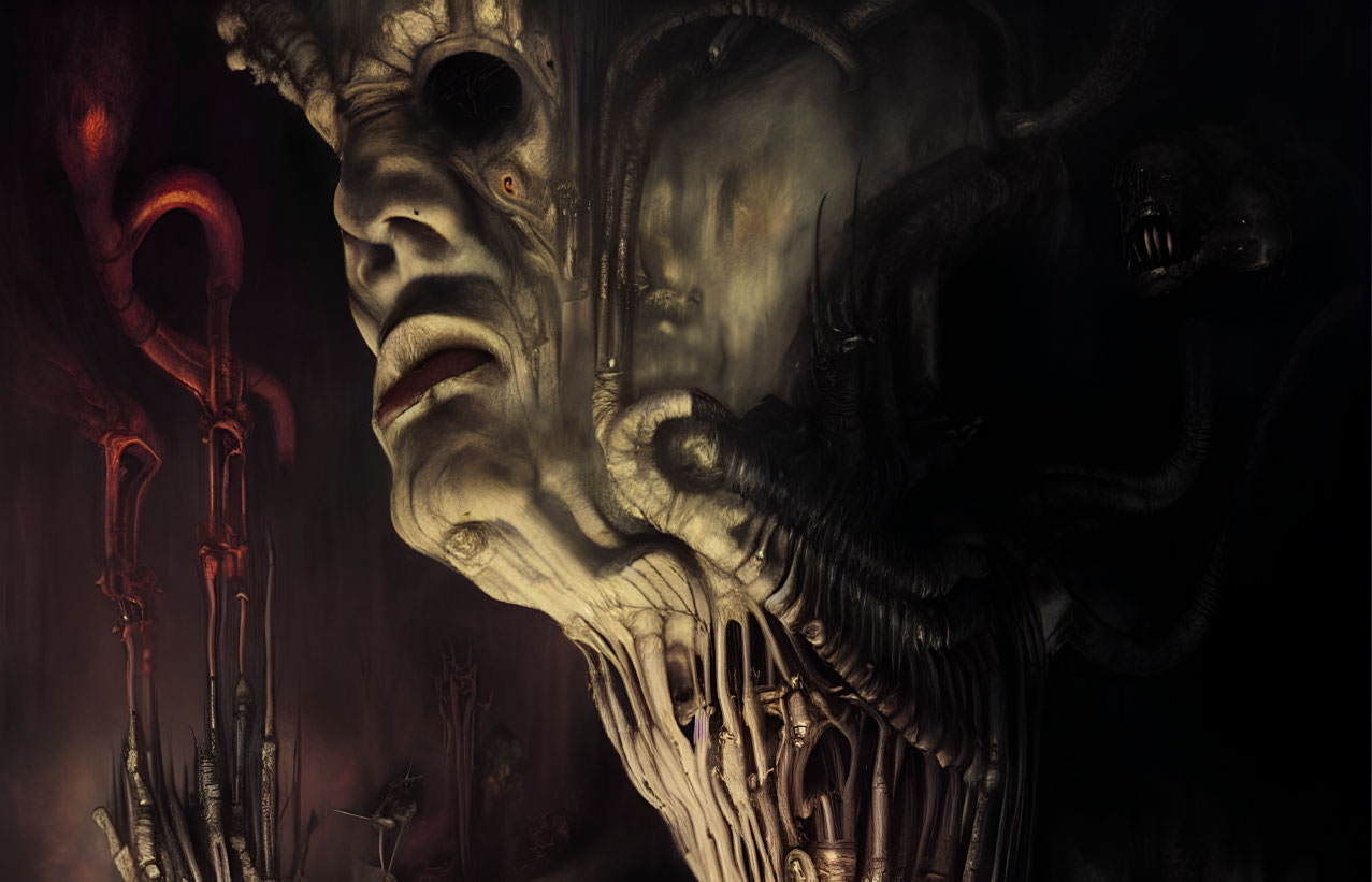 Dark horror-themed illustration of monstrous faces with elongated features and biomechanical elements.
