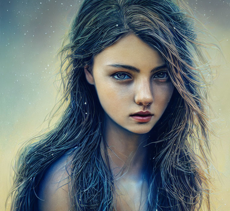 Portrait of Young Woman with Striking Blue Eyes and Wet Hair Against Starry Blue Backdrop