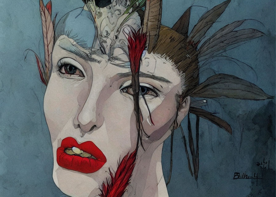 Watercolor illustration of woman with red lips and feathered headpiece