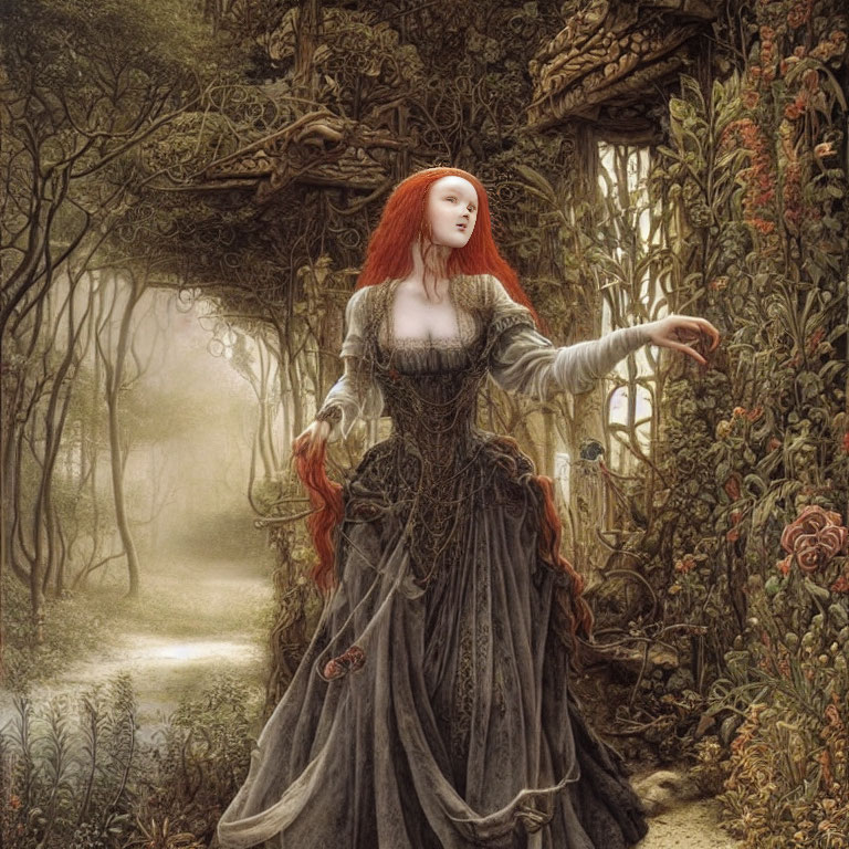 Red-haired woman in gray dress poses in mystical forest with lush greenery.