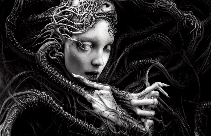 Surreal monochrome artwork of female figure with intricate headgear and twisted tendrils