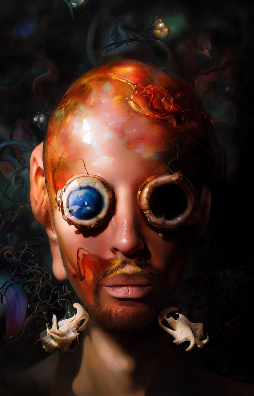 Surreal portrait featuring oversized eyes, fractal patterns, and floating elements.