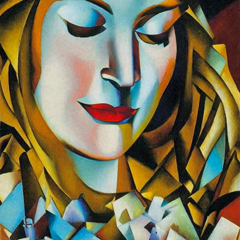 Cubist-style Woman's Face Painting in Blues, Yellows, Browns
