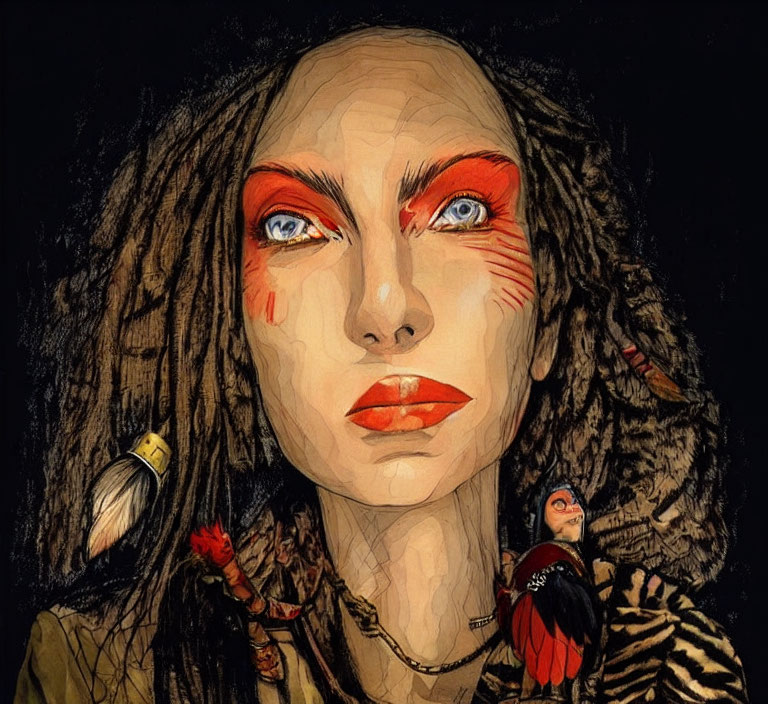 Illustration of woman with red eyeshadow, red lips, and dreadlocks with feathers and beads
