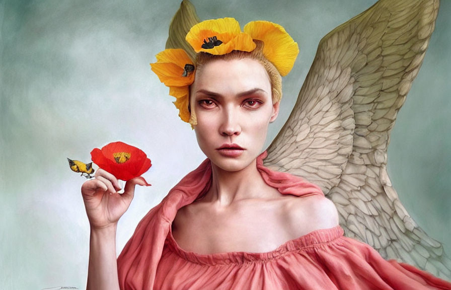 Surreal portrait: person with wings, coral dress, yellow poppies, red poppy,