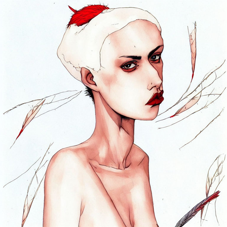 Person with White Headpiece, Red Detail, Prominent Cheekbones, Feathers - Avant