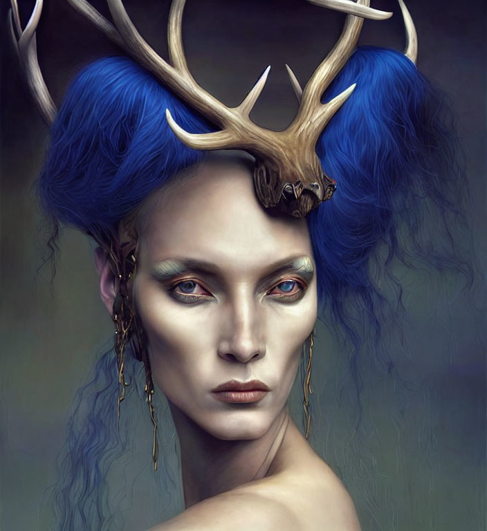 Striking blue hair, antlers, expressive eyes, and dramatic makeup portrait.