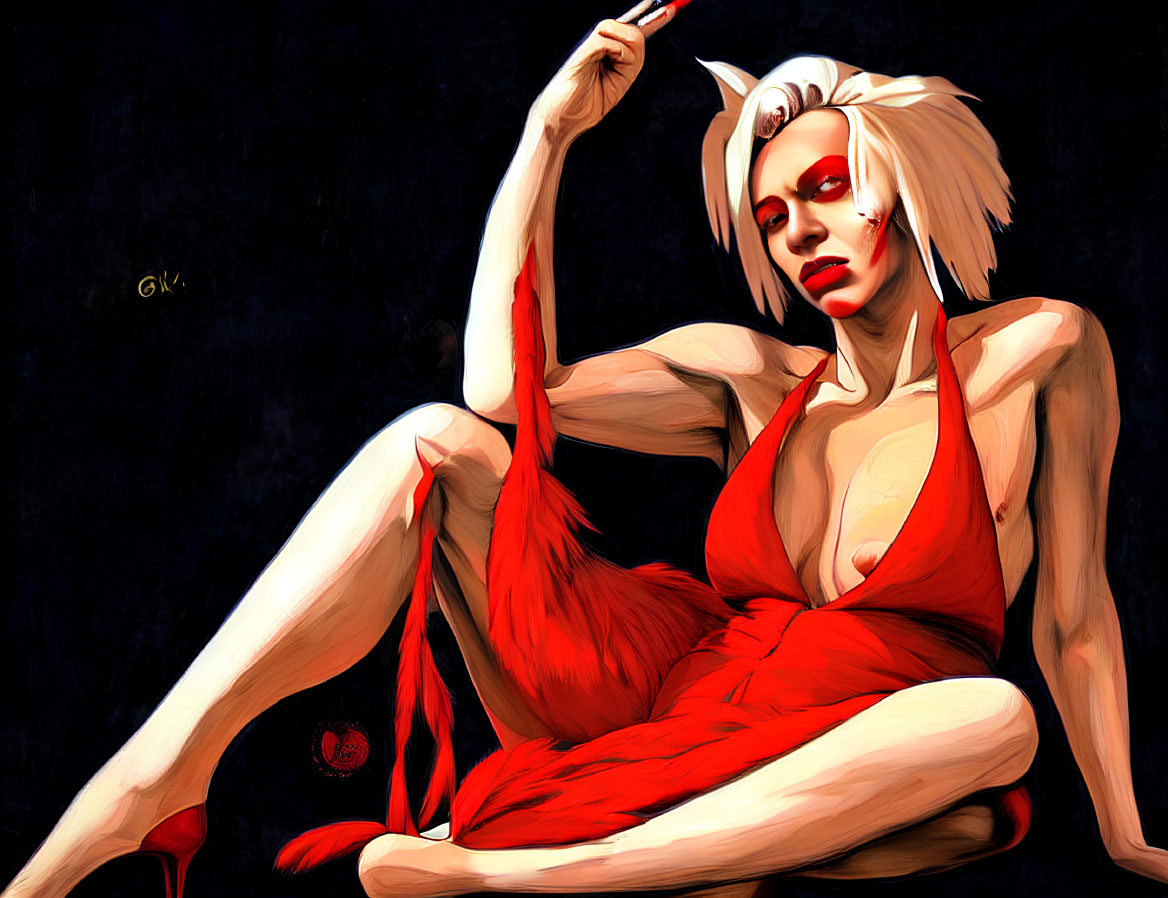 Illustration of woman with white hair in red dress holding a cigarette