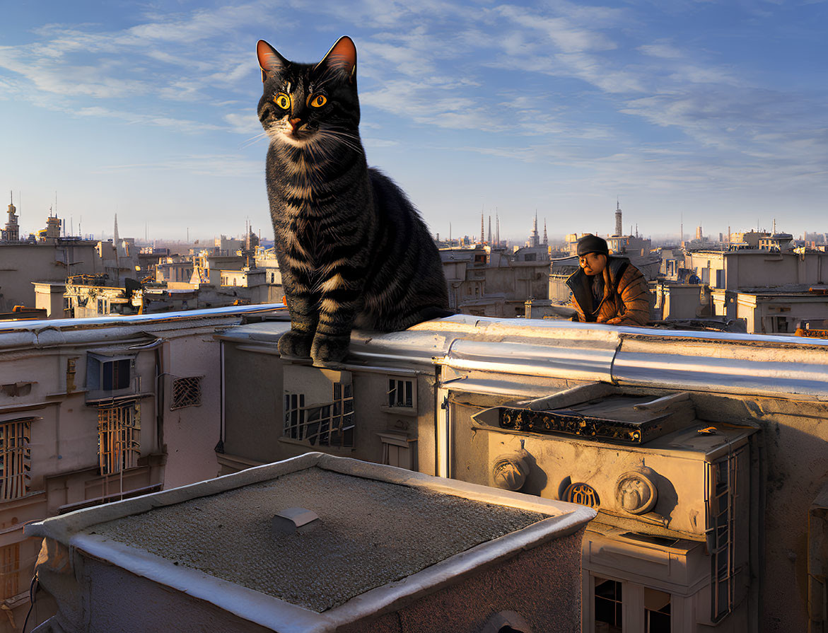 Striped Cat on Rooftop Ledge at Sunset with City Skyline Background