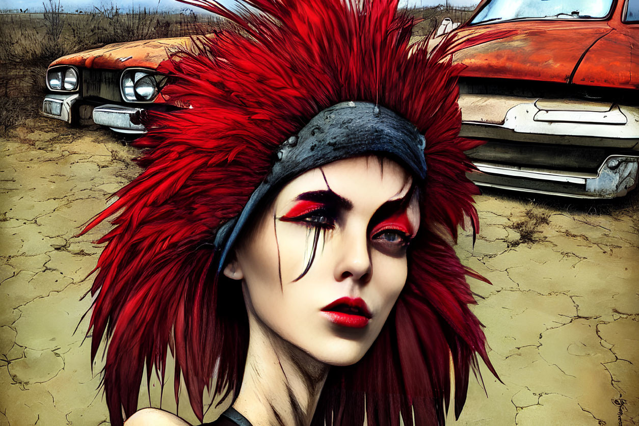 Stylized portrait with red makeup and mohawk in desolate landscape.
