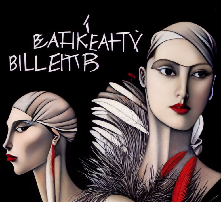 Stylized female faces with feather details and makeup on black background