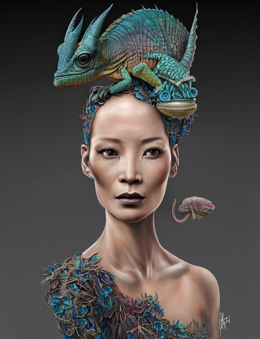 Woman with bold makeup and chameleon on head amidst colorful plant designs