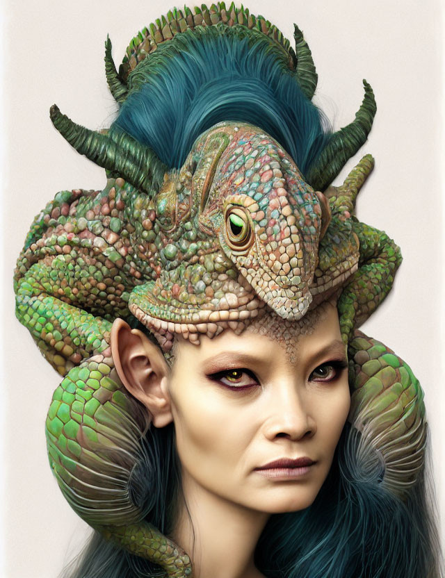 Fantasy-themed image: Human face with reptilian features, green scales, horns, and crest on