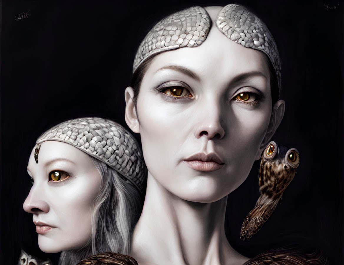 Two women with reptilian features and an owl on dark background.