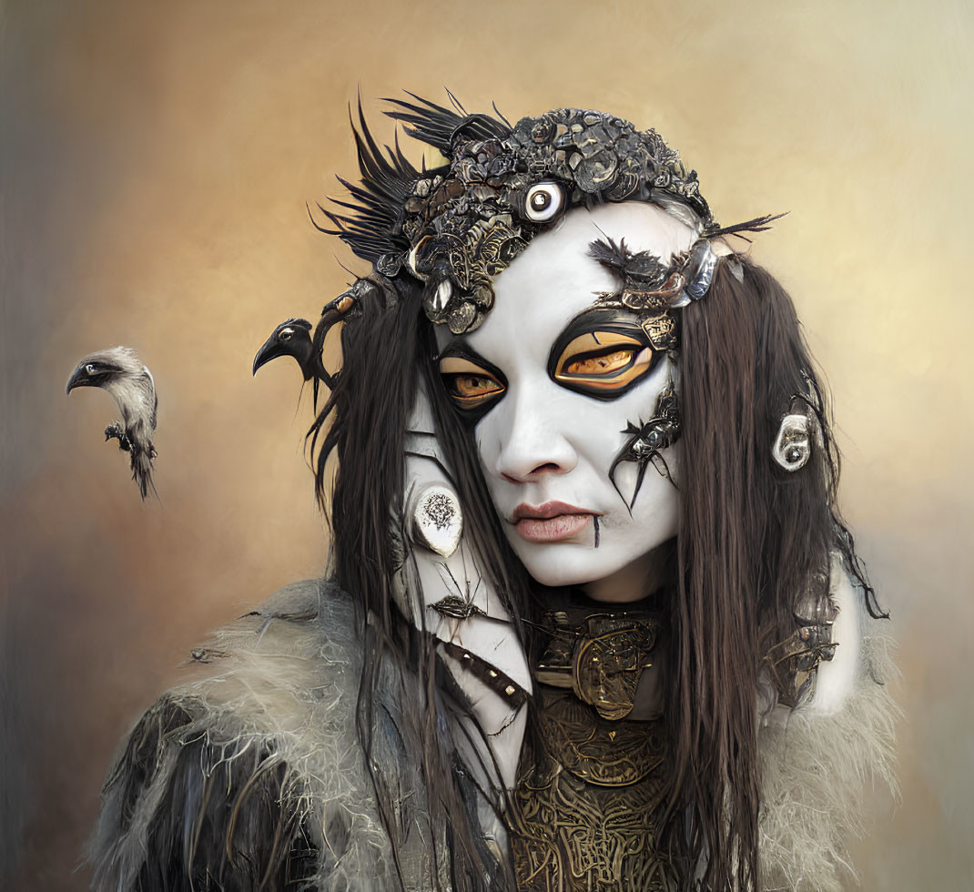 Fantasy makeup with bird-like elements and intricate headgear.