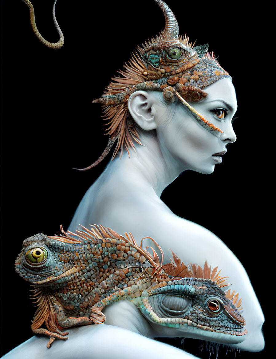 Surreal artwork of woman with reptilian elements blending in