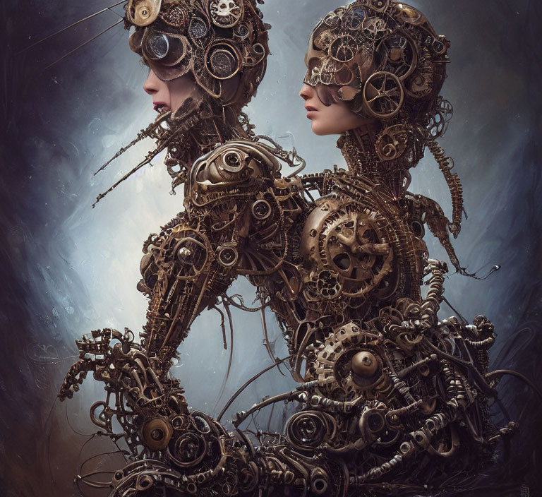 Intricately designed steampunk-style robots with humanoid features and mechanical parts on nebulous backdrop
