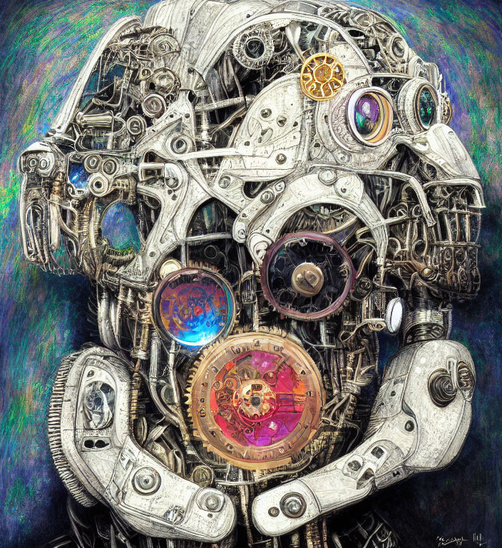 Detailed Steampunk Robotic Head with Gears and Lenses on Colorful Background