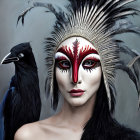 Person with Red and White Face Paint, Feather Headdress, and Raven Portrait