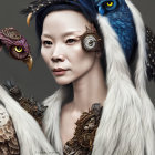 Mystical figure with white face makeup, red eyes, raven, fur, and jewelry
