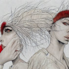 Surreal female figures with red accents and intense expressions