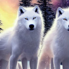 Majestic white wolves with yellow eyes in snow-covered forest