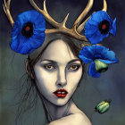 Blue-haired person with antlers and dramatic makeup in mystical setting