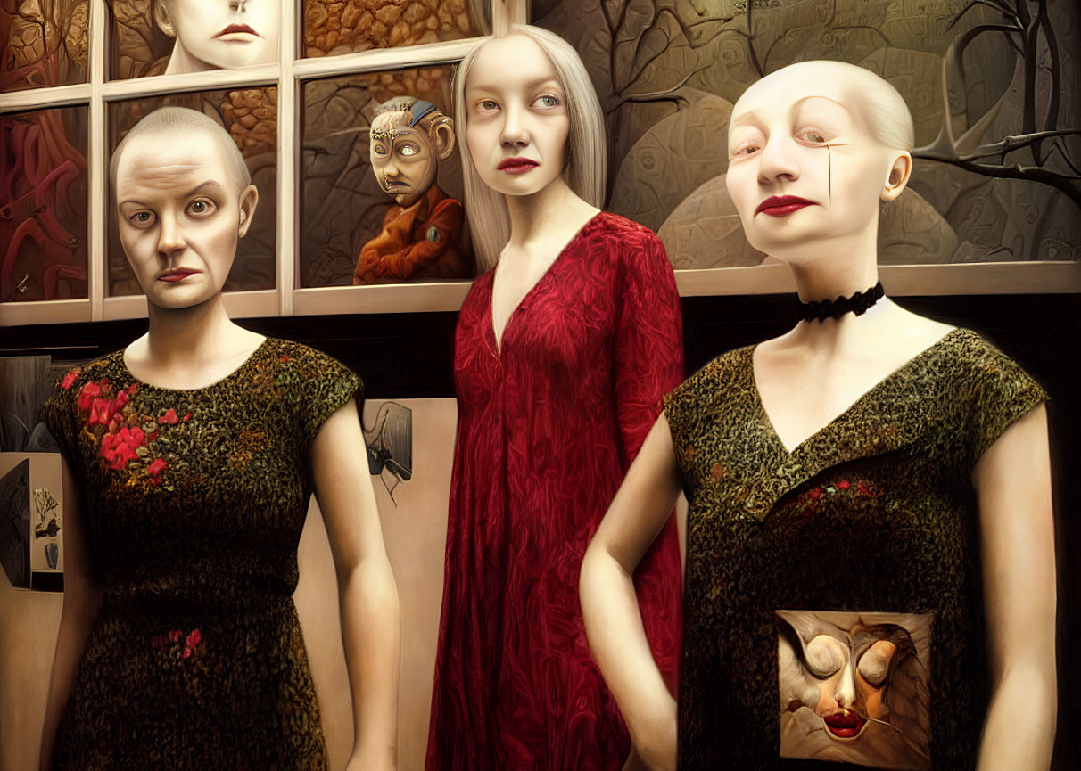 Pale mannequin-like figures in dresses against surreal art wall; eerie atmosphere with intense gazes.