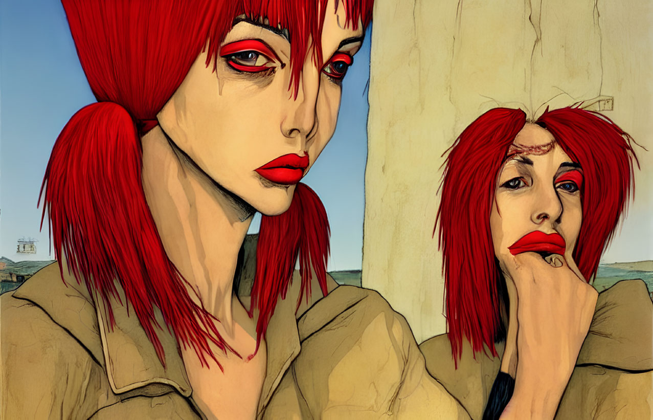 Stylized illustration of woman with red hair and pensive expression.
