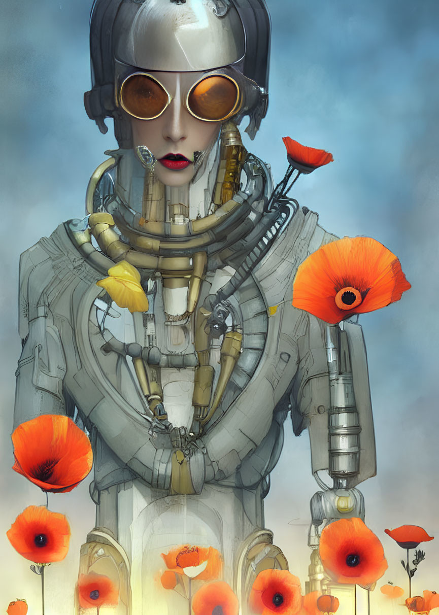 Futuristic humanoid robot with goggles among red poppies and cloudy sky