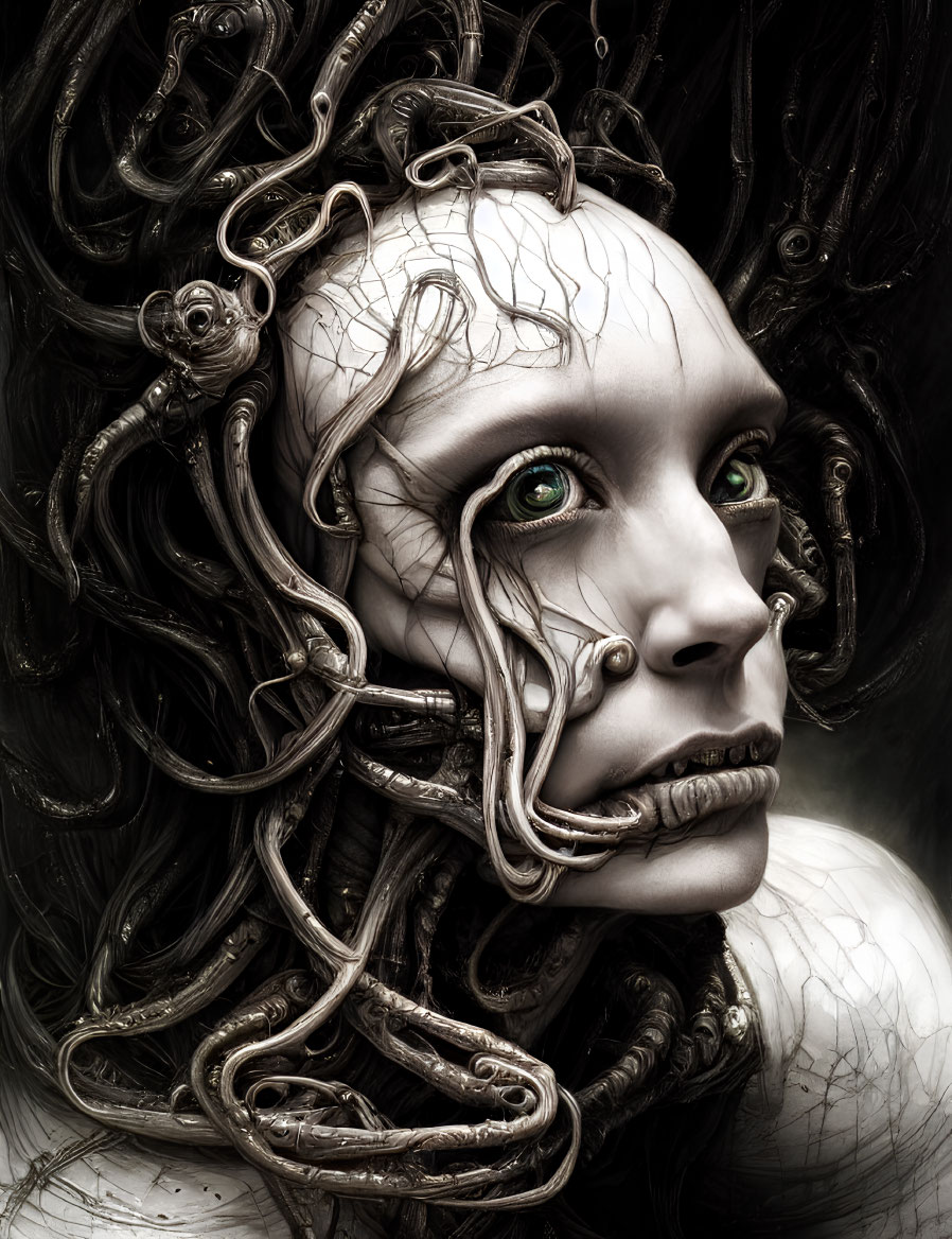 Surreal woman with serpentine hair and green eyes in detailed art