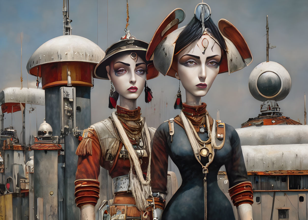 Futuristic female androids in stylish attire against industrial backdrop