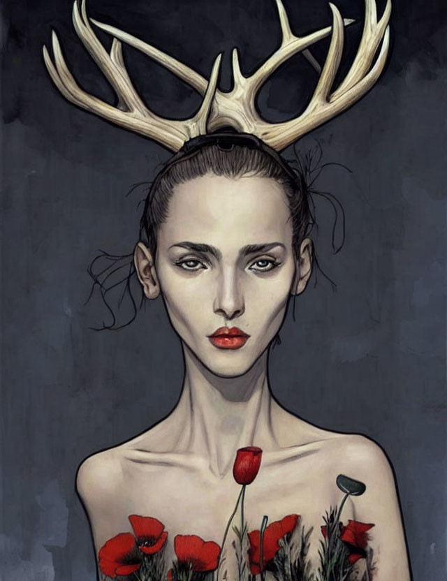 Portrait of Woman with Antlers and Red Poppies on Grey Background