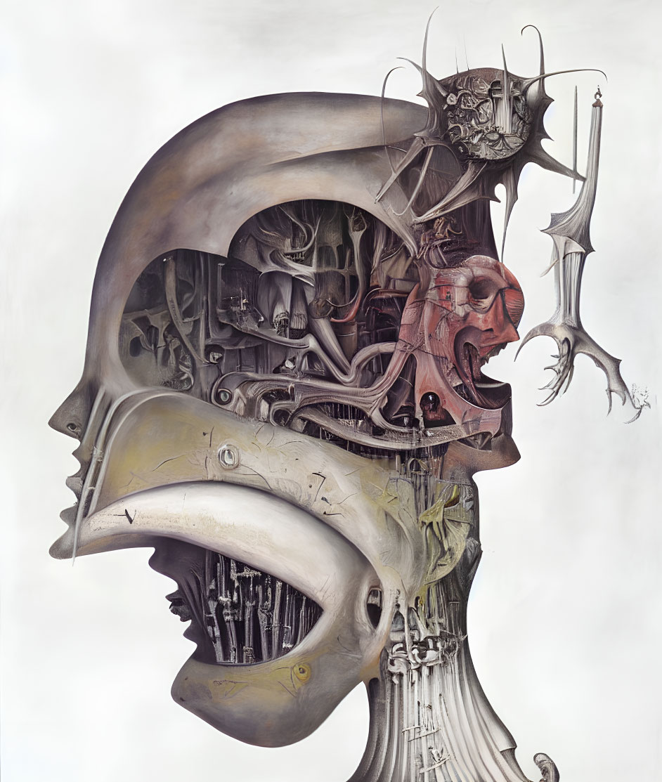 Abstract Surrealist Painting: Mechanical Bird Head with Intricate Details and Hidden Figures