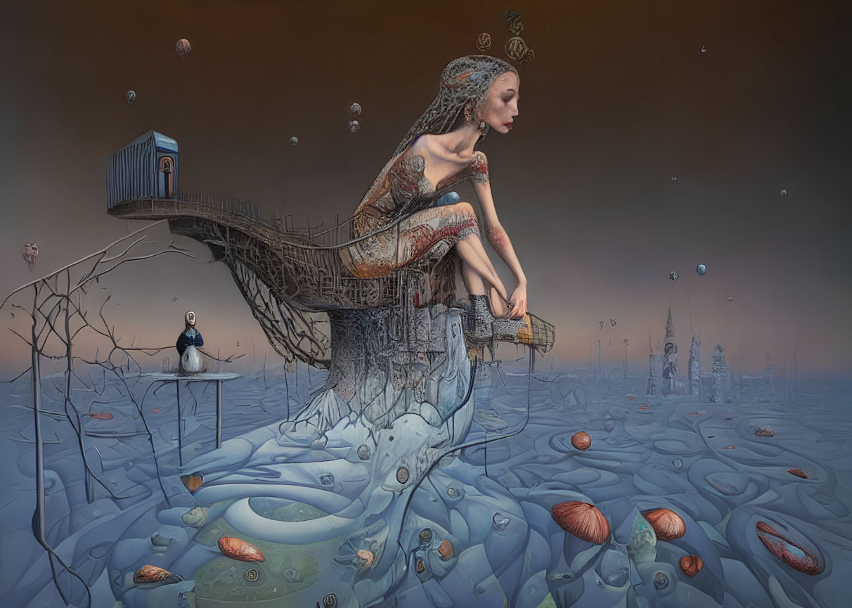 Surreal painting: Tattooed woman on organic bridge with tiny house, faces, and floating objects