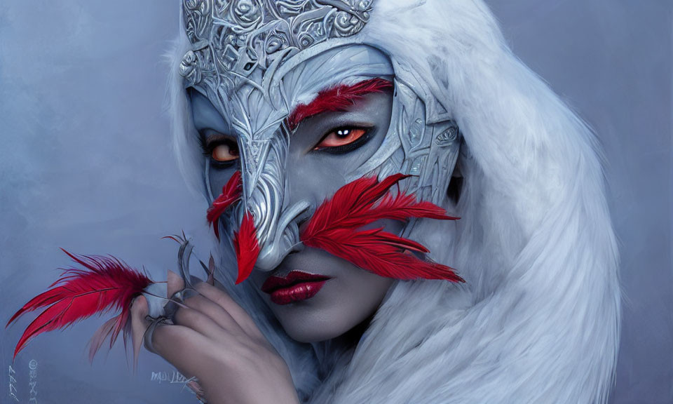 White-Haired Person in Silver Mask Holding Red Feathers on Blue Background