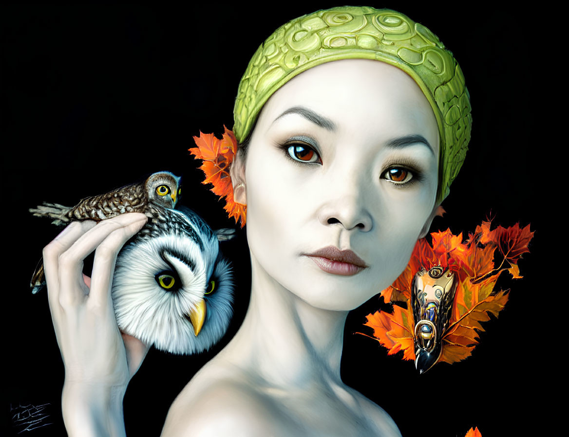 Woman with green headscarf holding owls in orange leaf setting with ornate mask