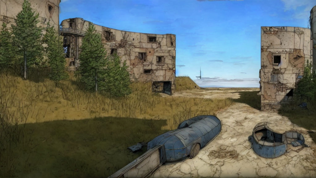 Dilapidated buildings and overgrown grass in animated landscape