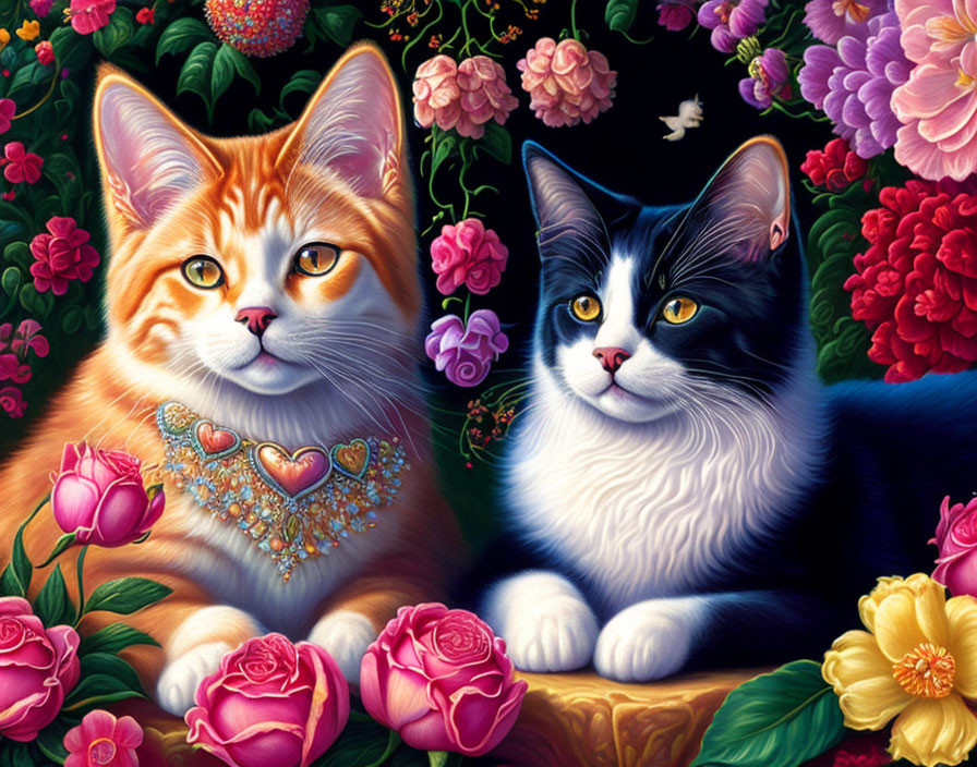 Two cats with ornate collars among colorful flowers and a butterfly.