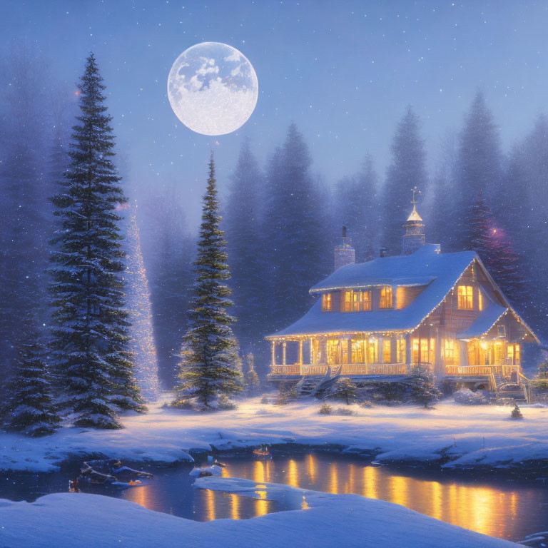 Snowy forest cabin by river under full moon at twilight