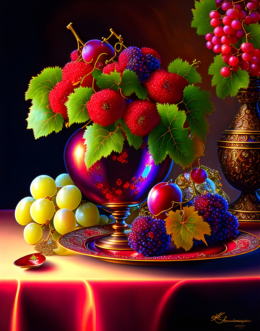 Colorful grapes and cherries in red bowl on dark background
