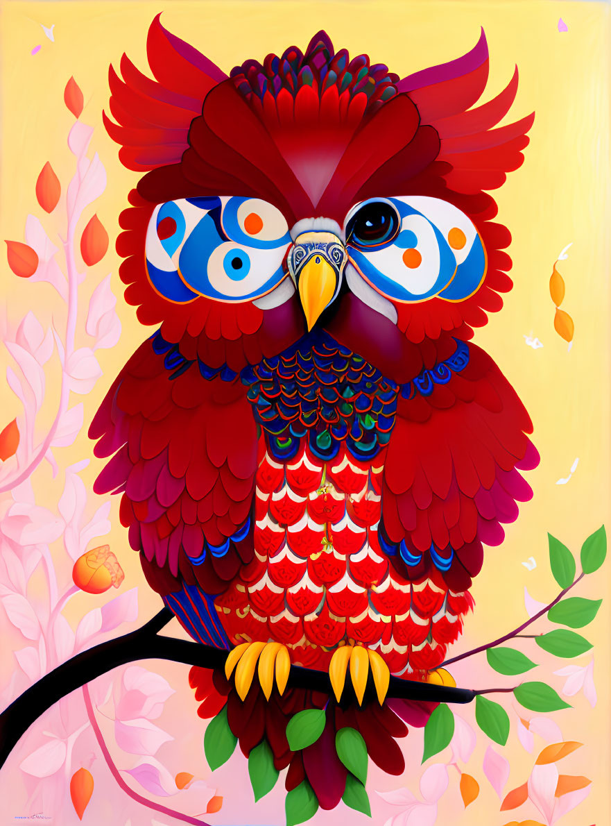 Colorful Stylized Red Parrot Illustration on Branch with Yellow Background